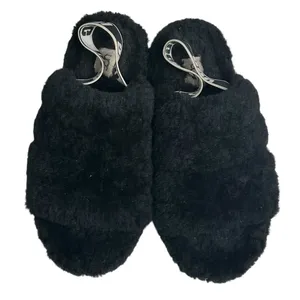 Ugg Fluff Yeah Slide Slippers Womens 8 Black Plush Sheepskin‎ Logo Soft Fur Cozy thumbnail 3