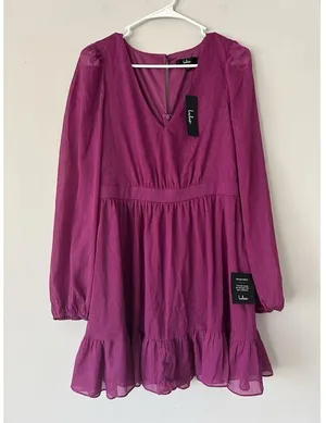 Lulus New Purple Magenta Metallic Sheer Long Sleeve Mini Dress Size Medium Party thumbnail 13
