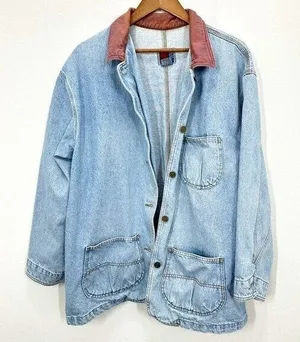 Vintage 90s Women's Size XL‎ Denim Trench Chore Coat Light Wash Contrast Collar thumbnail 1