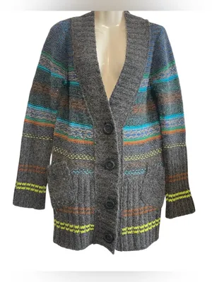 Free People Gray Striped Shawl-Collar Cardigan with Teal and Lime Accents thumbnail 3