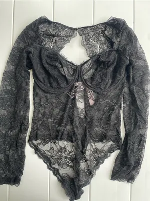 Victoria’s Secret Black Lace Lingerie Body Suit, Long Sleeve, Thong Style, NWT thumbnail 1