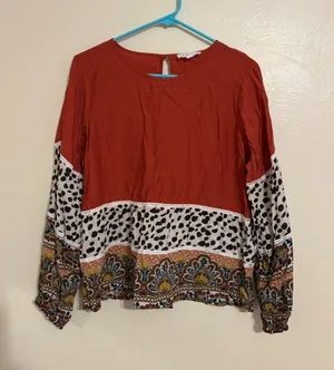 THML Boho Mixed Print Blouse Large Rust Animal Print Paisley Balloon Sleeve thumbnail 1