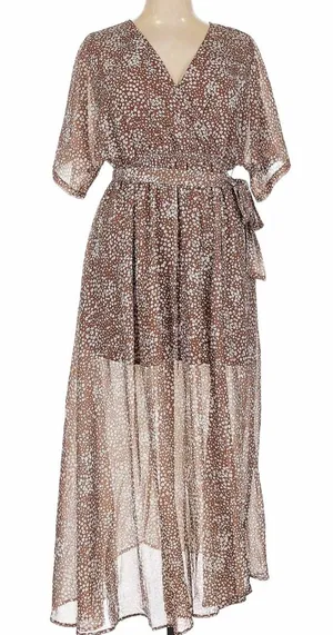 ANRABESS NWT XL Brown/White Floral Chiffon V-Neck Tie Waist Maxi Dress thumbnail 1