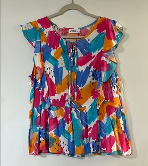 Ruffled Flutter Sleeve Blouse in Pink and Blue Size L thumbnail 1