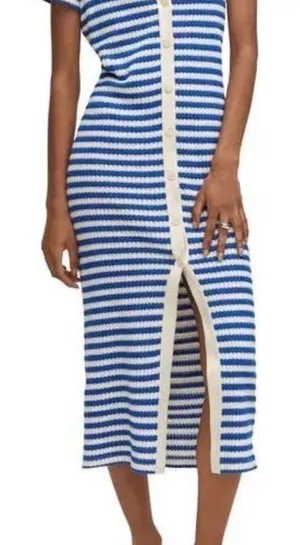 MNG Mango Blue/ Cream Stripe Jersey Sweater Midi Dress Sz US 10 Short Sleeve thumbnail 1