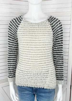 Loft Striped Boucle Knit Pullover Sweater Tan‎ Grey Black XS Colorblock thumbnail 1