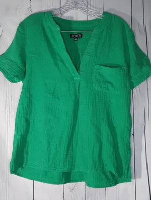 J. Crew Bright Green V-Neck Gauze Popover Short Sleeve Preppy Casual Top thumbnail 1