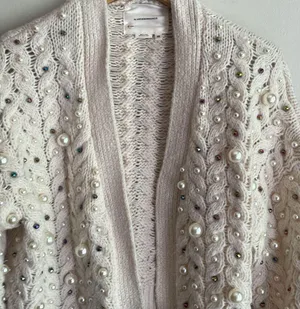 Anthropologie Embellished Pearl Open Cream Cardigan thumbnail 4