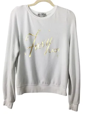 Wildfox Foxy Lady White Crewneck Fleece Sweatshirt Gold Foil Text XS Women’s thumbnail 2