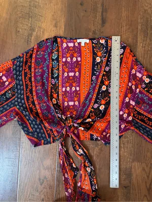PATRONS OF PEACE by Anthropologie, boho floral, front tie shrug, size M thumbnail 13