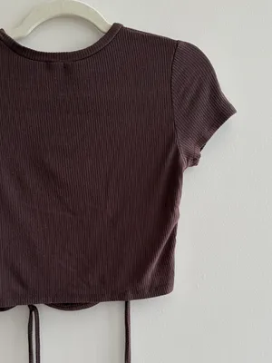Garage Ribbed Cropped Tie Front Top, Casual Going Out Top, Brown, Size Medium thumbnail 10