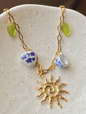 Handmade vintage cottage retro boho fairy funky style quality material mix gold stainless steel necklace🌞🌿 thumbnail 4