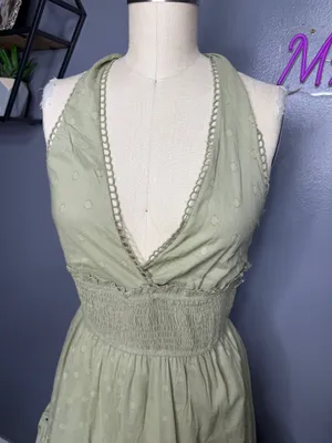 100% cotton Boho Sage Green Eyelet Tiered Halter Maxi Dress thumbnail 4
