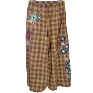 Free People Bohemian Brooks Embroidered Plaid Wide Leg Patchwork Pants Size XL thumbnail 10