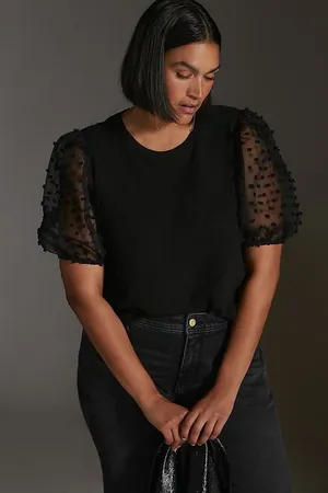 Maeve by Anthropologie Black Peplum Sheer Sleeve Blouse Size Medium thumbnail 1