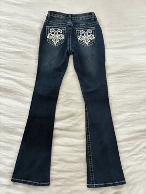 BAMBOO Dark Indigo Flare Jeans with White Embroidered Back Pockets thumbnail 2