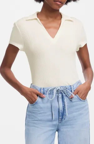 Madewell Ribbed V Neck Polo Tee Top Stretch Lyocell Lighthouse Ivory Slim S NWT thumbnail 1