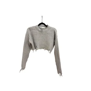 Zara Foil Silver Distressed Frayed Chunky Ribbed Crop Sweater Size Small thumbnail 6