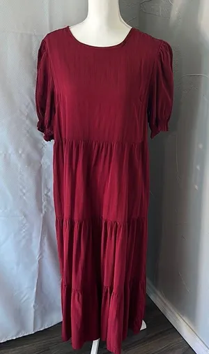 Red Tiered Puff Sleeve Casual Sundress thumbnail 1