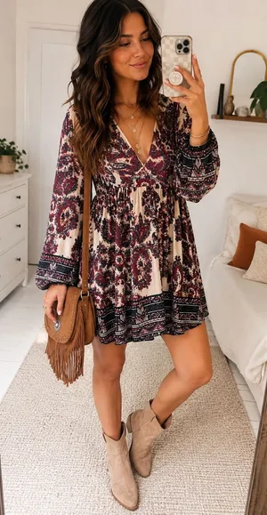 Free People Boho Mini Dress Long Sleeve thumbnail 1