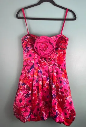 BCBGMAXAZRIA sz2 Pink/Red Floral Rosette Cocktail Party Mini Dress Bubble hoco thumbnail 1
