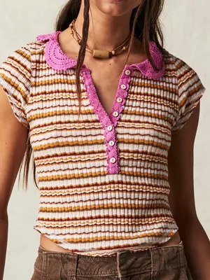 Free People cute Striped crop Top with Pink crochet Collar, size XS thumbnail 1