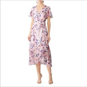 Tanya Taylor Blaire Pink Floral Silk Ruffle MIDI Dress Faux Wrap Flowers v6x thumbnail 6