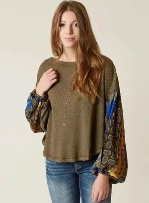 Free People We the Free Top Womens small Green Blouson Sleeve Waffle Oversized thumbnail 1