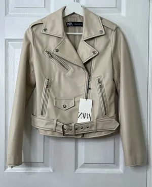 Zara Faux Leather Moto Jacket Biker Belted Streetwear Cream Ivory Size S thumbnail 2