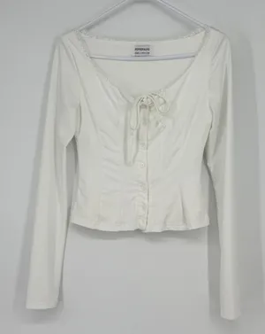 Peppermayo White Long Sleeve Button Up Lace Trim‎ Corset Style Top Small US 4 thumbnail 1
