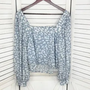 Lucca Petal Print Square‎ Neck Crop Blouse Blue White Large Long Balloon Sleeve thumbnail 8