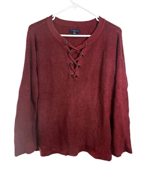 American Eagle‎ Lace Up V-Neck Waffle Knit Sweater Burgundy Red Jeggings Fit L thumbnail 1