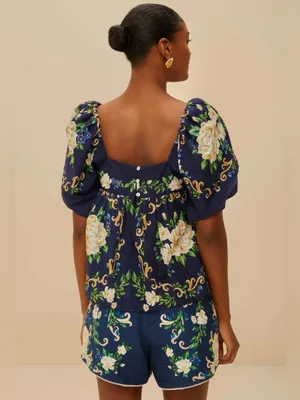 Farm Rio FLOWER TAPESTRY BLUE FLOWERED YOKE BLOUSE Size XSmall thumbnail 2