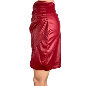 Windsor Red Faux Leather Ruched Pencil Straight Mini Asymmetrical Wrap Skirt L thumbnail 2