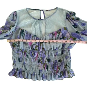 Free People Daphne Silver Blue Combo Lace Floral Print Blouse Size Medium thumbnail 6