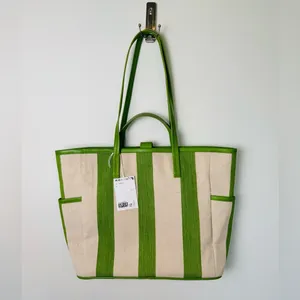 NWT & OTHER STORIES Green Canvas Leather Trim Large Tote Bag thumbnail 8