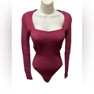 Abercrombie & Fitch Fuchsia Rib Knit Sweater Bodysuit Sz M LS Clean Girl Casual thumbnail 2
