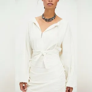 Free People Mini Dress XS Cream Gauzy‎ Boho Peasant Ruched Buttons Neutral NWT thumbnail 3