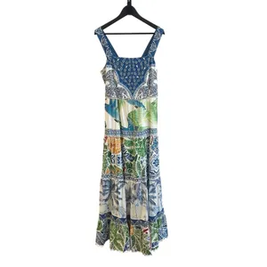 Farm Rio Blue Valeria Maxi Dress Women Large Multi Tropical Boho Tiered Lace thumbnail 3