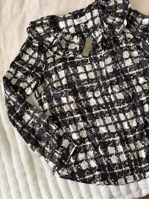 NWT J. Crew Black & White Plaid Ruffle Collar 100% Silk Blouse thumbnail 2