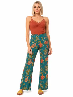 O’Neill Teal Floral Wide Leg Pants Smocked Waist Boho Resort Coastal Small Beach thumbnail 5