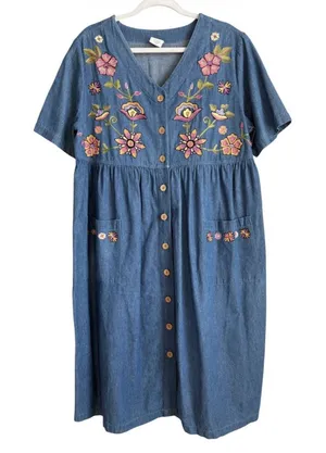 Vintage Embroidered Denim Dress Bechamel Button Front Cottagecore Grandma Core L thumbnail 1