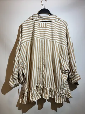 NWT Free People Bailey Navy Stripe Ruffle Hem Cotton Button Up Shirt XL thumbnail 3