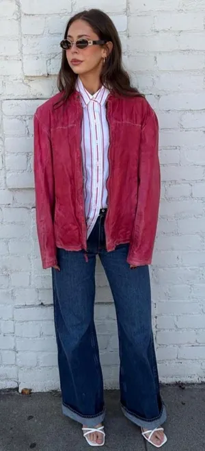 Vtg Missani Le Collezioni Red Lambskin Leather bomber jacket Sz M men’s Zip Burnished GUC thumbnail 1