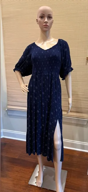 True Craft Navy & White Midi Dress With Slit thumbnail 1