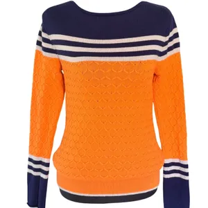 Orange Navy Blue Striped Honeycomb Knit Pullover Sweater‎ Women Crew Neck 0252 thumbnail 3