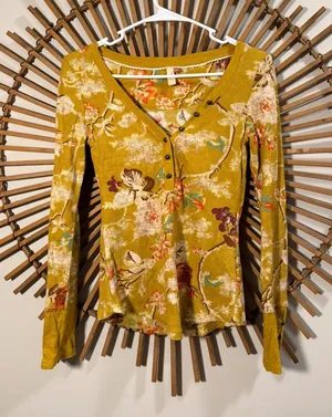 Anthropologie Yellow Floral Waffle Henley Long-Sleeve Top Cottagecore Boho thumbnail 1