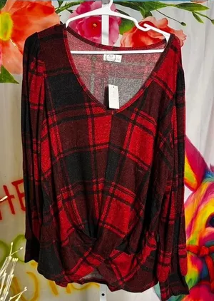 N259. Maurices red plaid long sleeve top with V-neck and bell sleeves Size L thumbnail 1