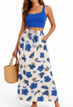 Vintage Zoey & Beth Hawaiian Floral Cotton Linen Maxi Skirt Medium💛 thumbnail 1