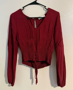 Hollister Burgundy Long-Sleeve Smocked Waist V-Neck Top thumbnail 1